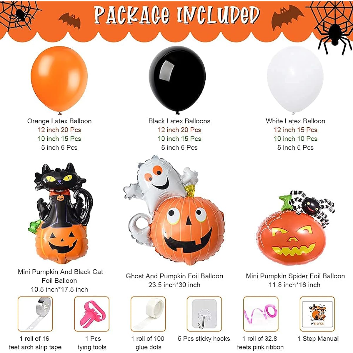 WEHVKEI Halloween Balloon Garland Kit, 122pcs Black Orange White Latex Balloons Garland Arch with Ghost Pumpkin Spider and Black Cat Foil 3D Balloons, Balloon Decorations for Classroom