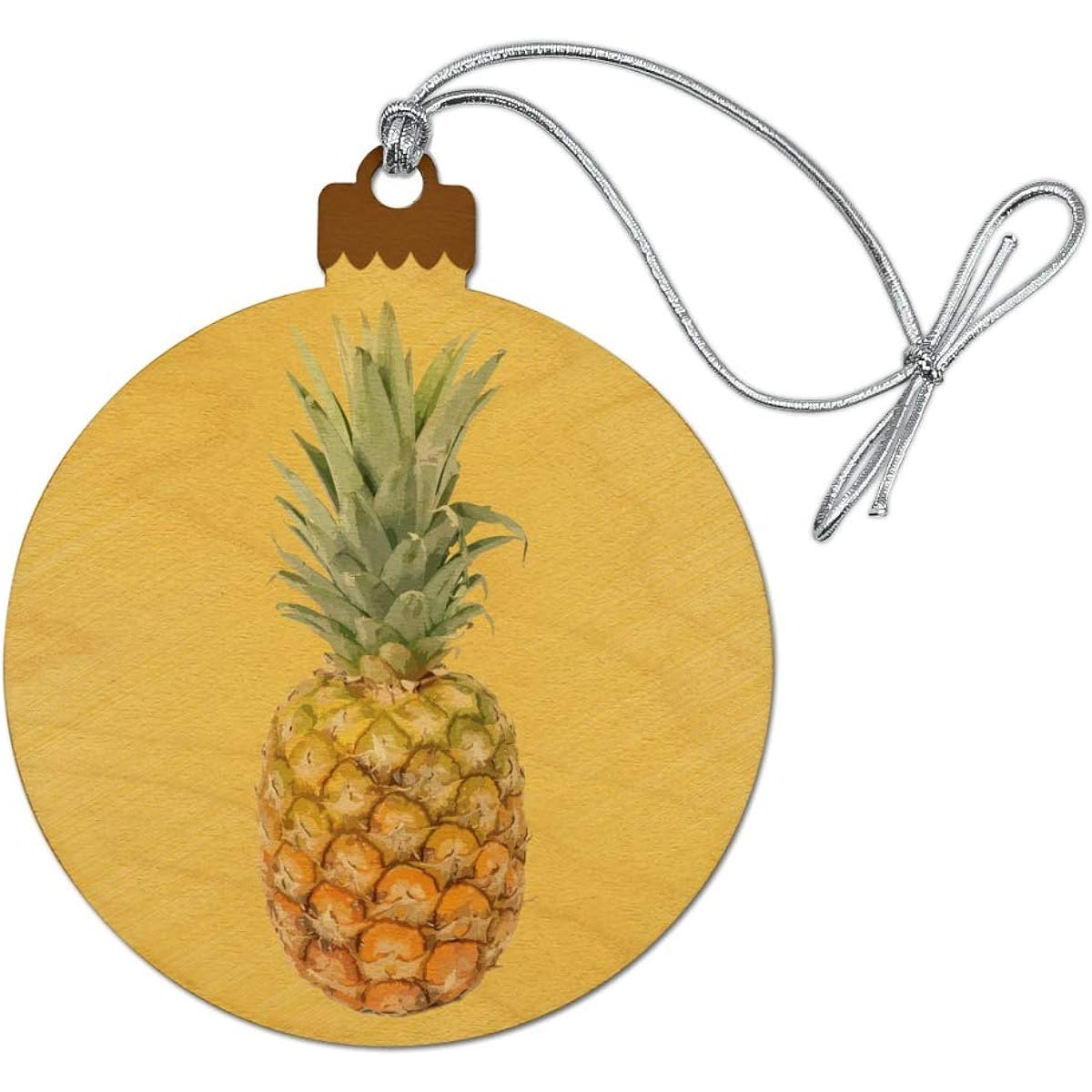 Pineapple fruit wood Christmas tree holiday ornaments on yellow tropical background