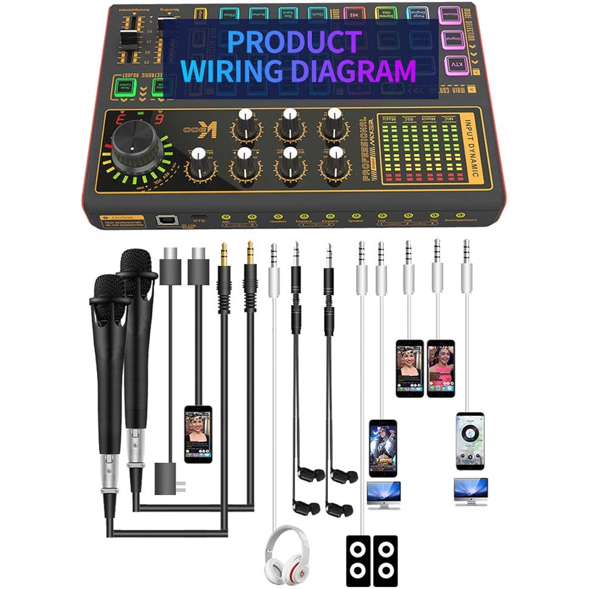 SK300 Live Sound Card External Voice Changer Audio Mixer Built-in Rechargeable Battery Multiple Sound Effects for Live Streaming Music Recording Smartphone Computer Game