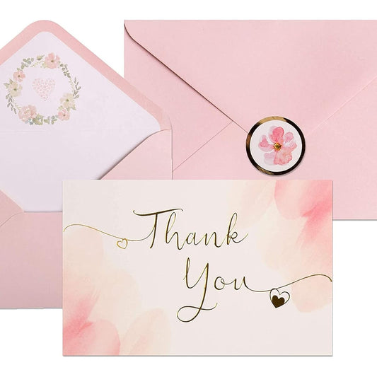 40 Blush Thank You Cards Gold and Pink Watercolor Foil Thank You Notes for Bridal Shower, Wedding, Baby Shower, Blush Envelopes, Floral Foil Stickers