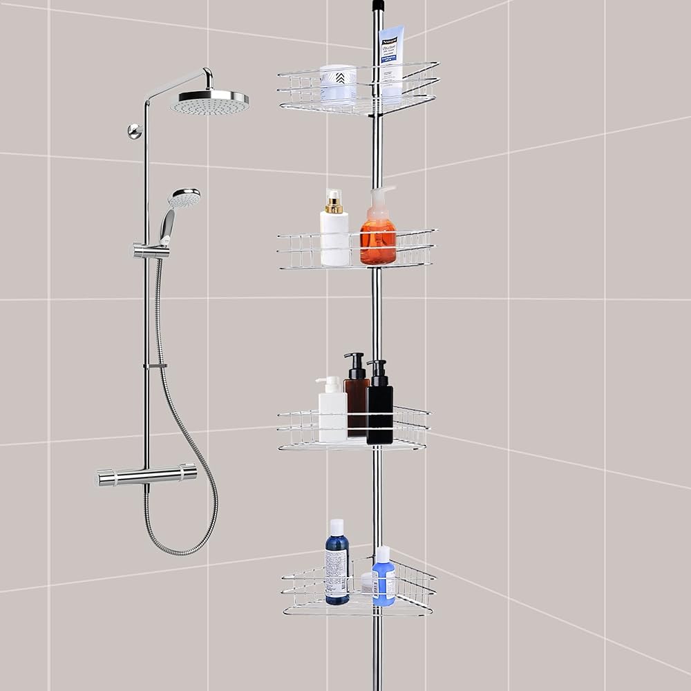 Yescom Corner Rack 4 Tiers Tension Height 272-292cm/215-235cm Bathroom Shampoo Rack Bathroom Rack Tension Bathroom Kitchen Toilet Storage Bath Shower Rack Triangular Bath Rack Silver