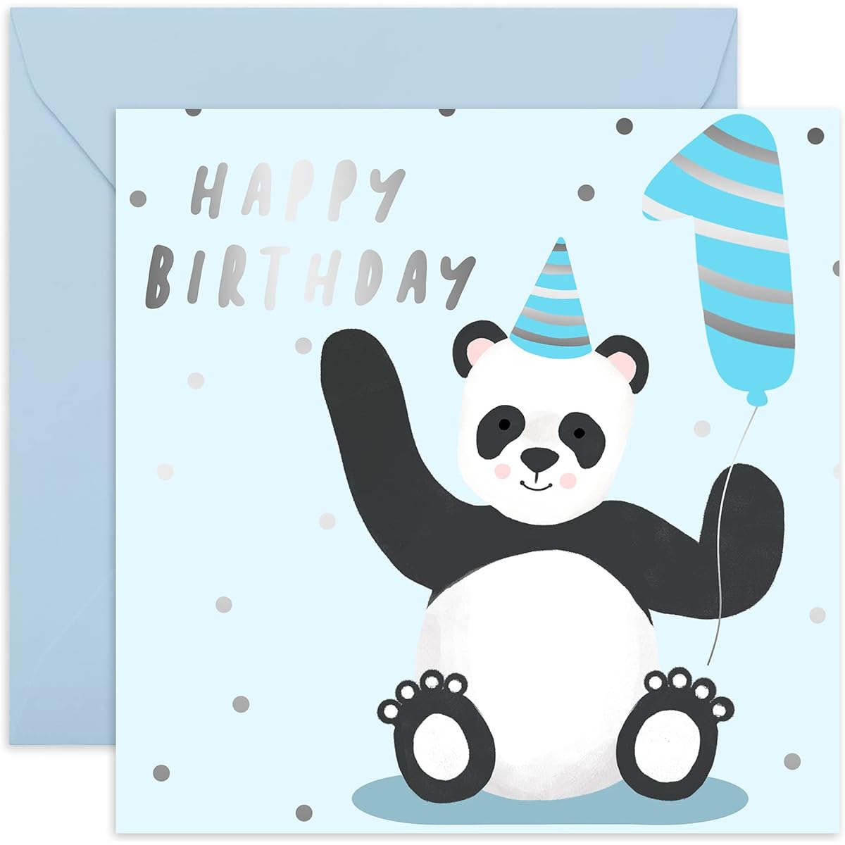 Central 23 - Cute 1st Birthday Card - Blue Happy Brithday Card for Boy - 1st Balloon - Sweet Panda Animal Design - Son, Grandson - Parents, Grandparents - Fun Stickers Included