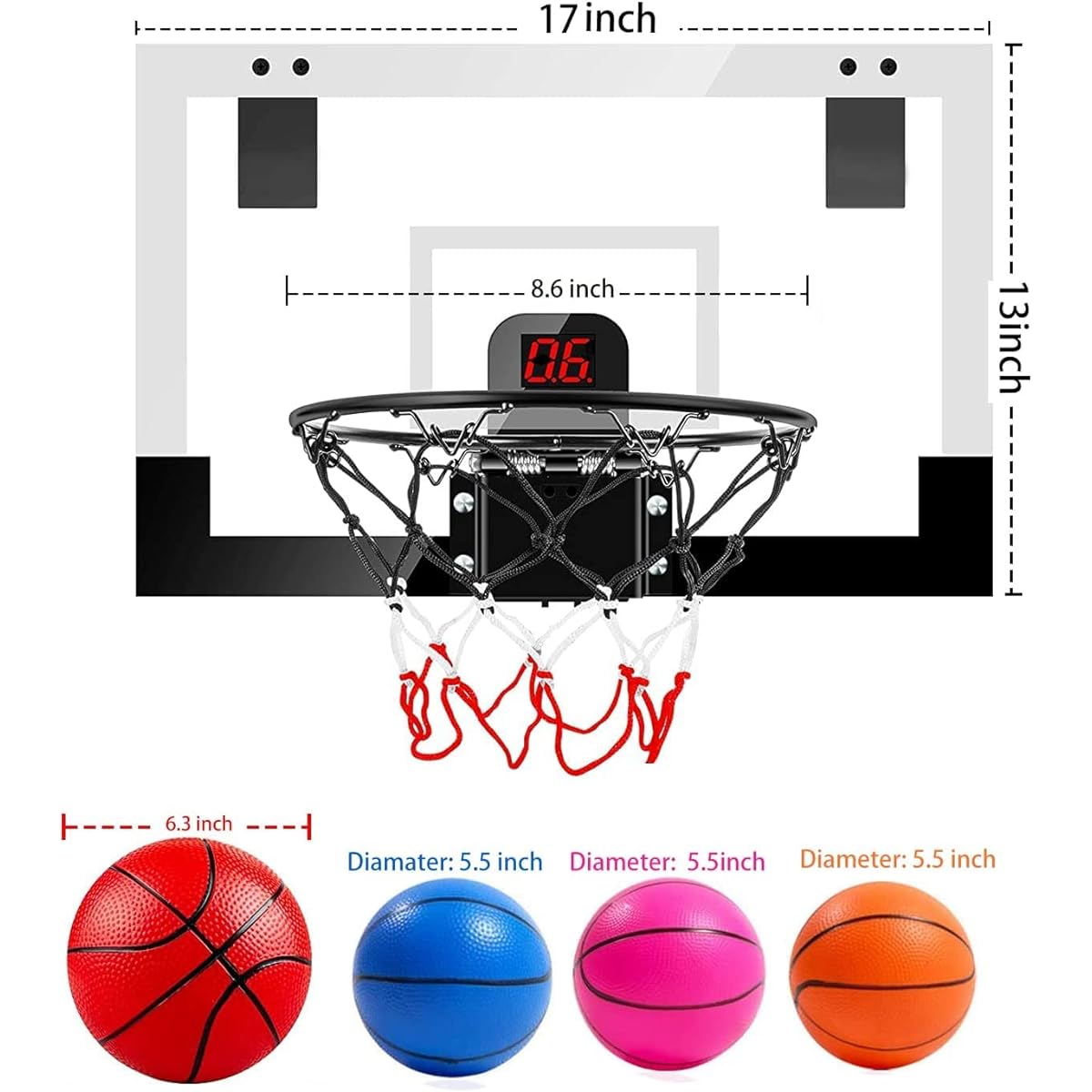 Basketball Hoop for Indoor Kids, Mini Basketball Hoop, Through the Door Basketball Toy Gift with Electronic Scoreboard, 4 Balls and Complete Basketball Accessories for Kids, Boys, Teens and Adults