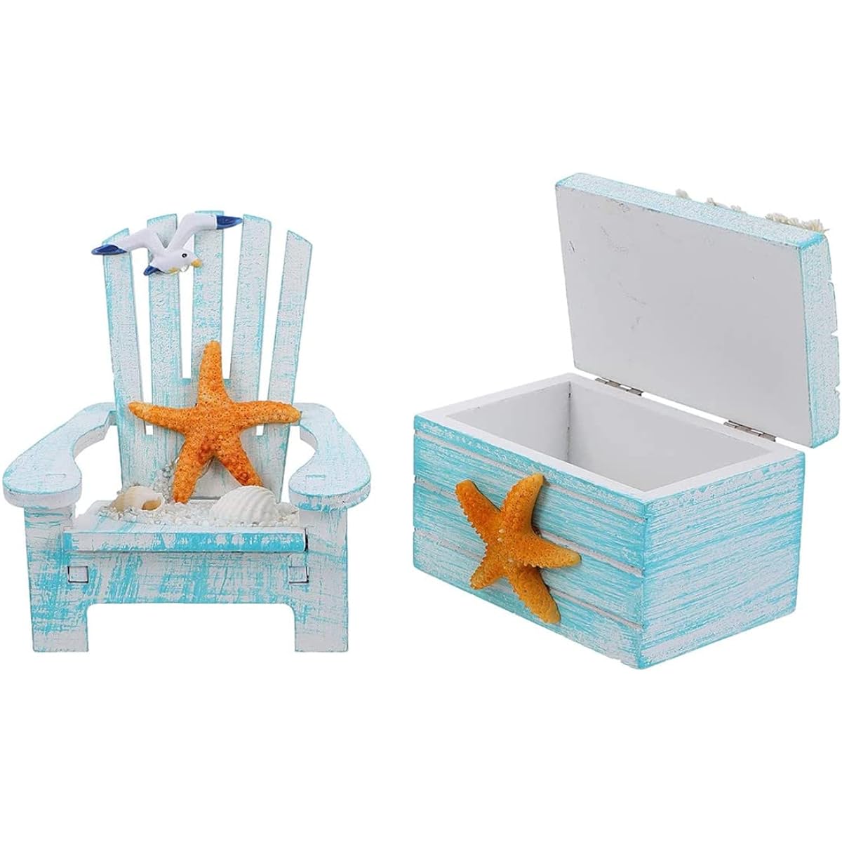 HIPIHOM 2 Pieces Mediterranean Style Beach Chair Ornament Mini Wooden Box Furniture Starfish Decoration for Home Company Dollhouse