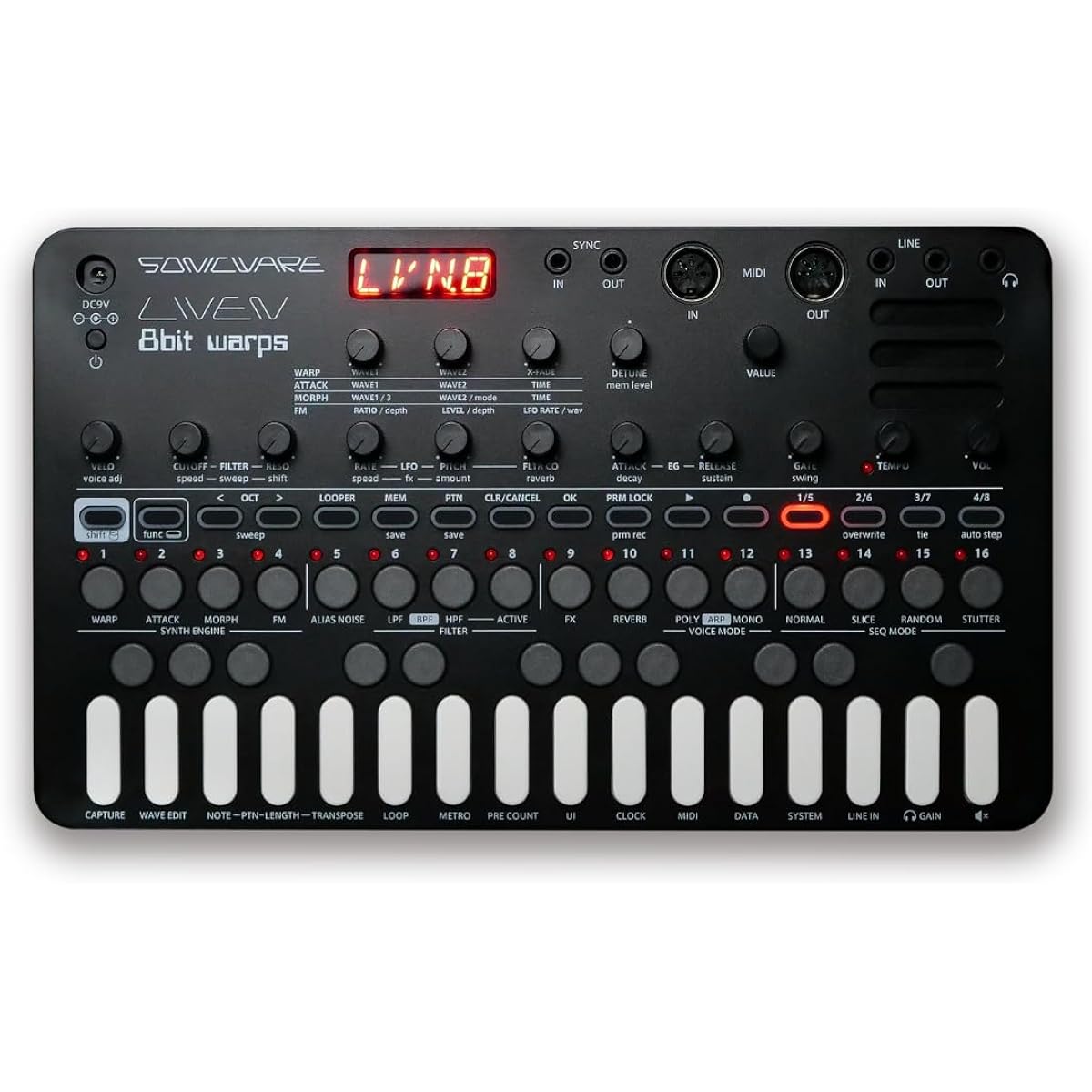 SONICWARE LIVEN 8bit warps [8bit synthesizer groove box] Step sequencer + 4 track looper, 6 voices, 11 effects, battery powered, built-in speaker