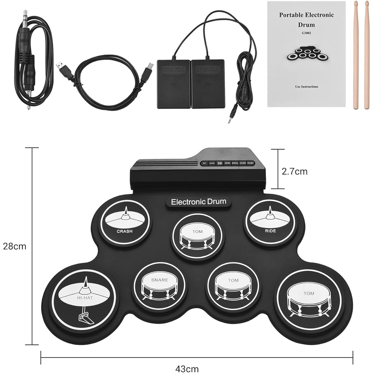 summina Electronic Drum USB Roll Up Silicone Drum Set Digital Electronic Drum Kit 7 Drum Pads Drum Sticks Foot Pedal Beginner Children Kids