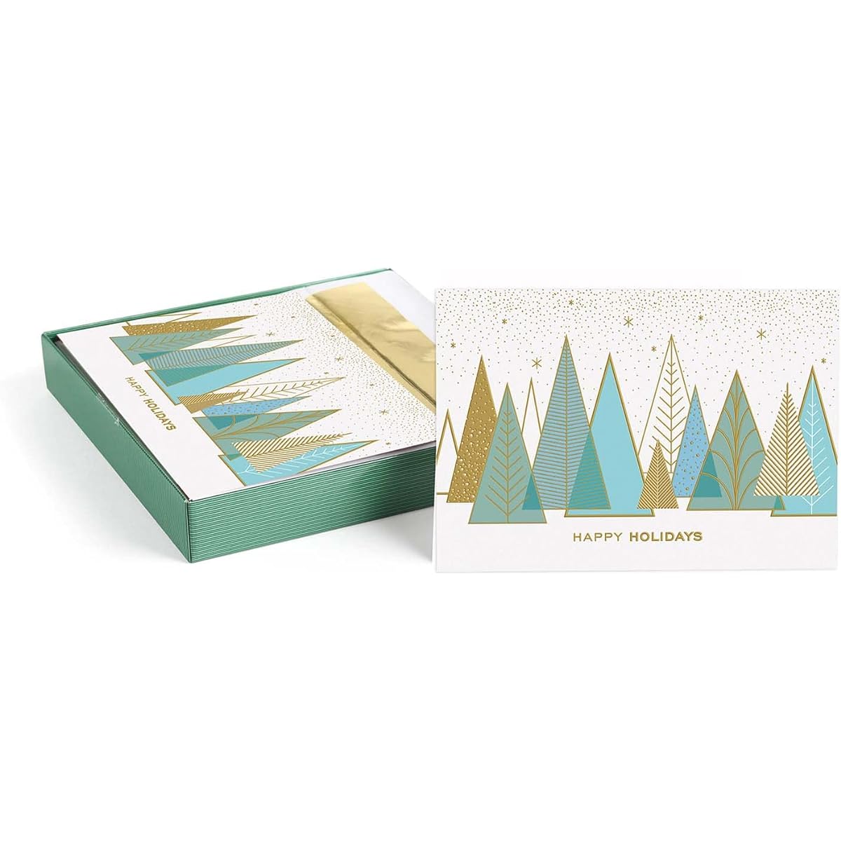 Contemporary Trees Gold Foil Holiday Cards / 15 Boxed Modern Christmas Cards with Glossy Foil Lined Envelopes / 5 5/8 x 7 7/8 Inches Folded Greeting Cards with Inner Text