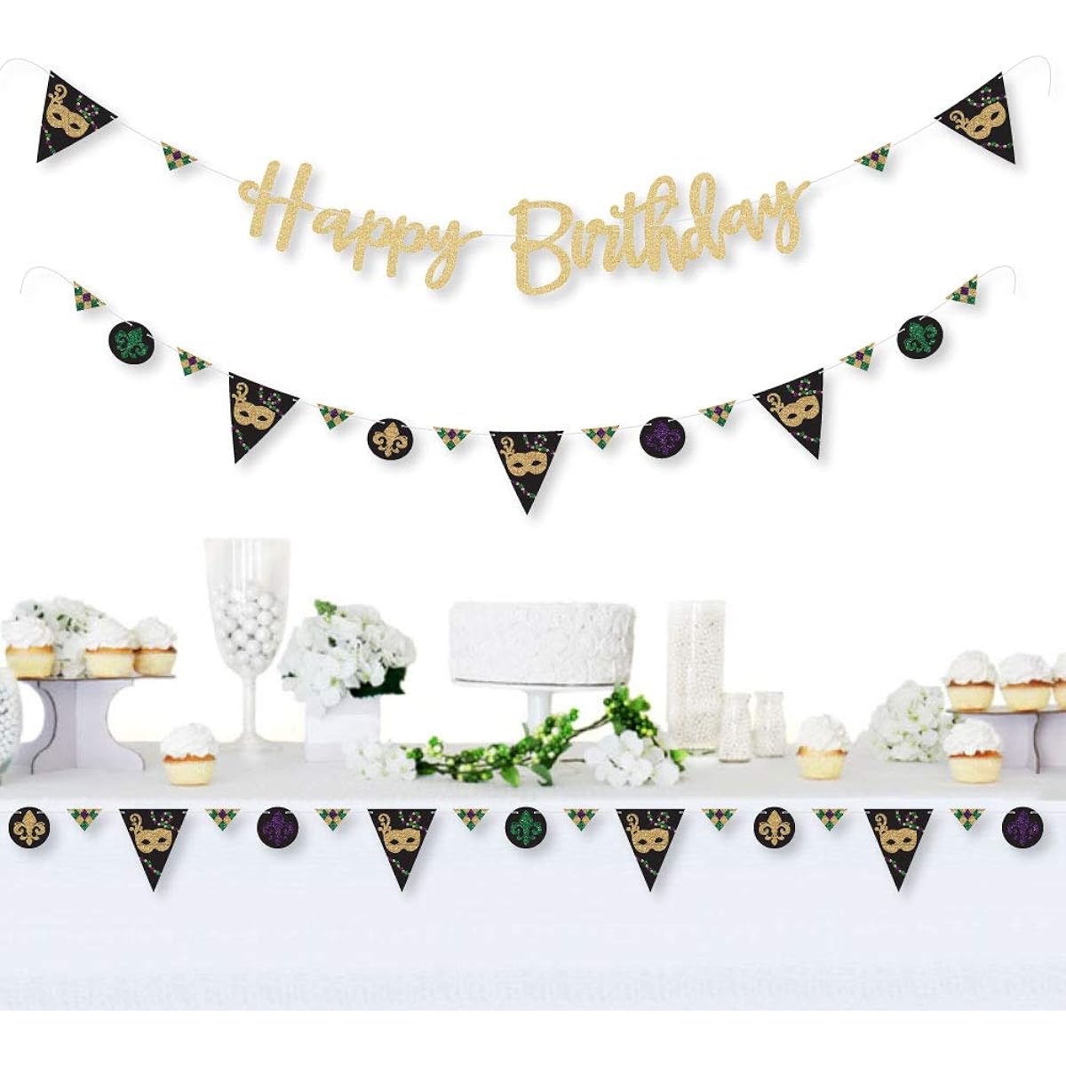 Mardi Gras - Masquerade Birthday Party Letter Banner Decorations - 36 Banner Cutouts and Mess-Free Real Gold Glitter Happy Birthday Banner Letters