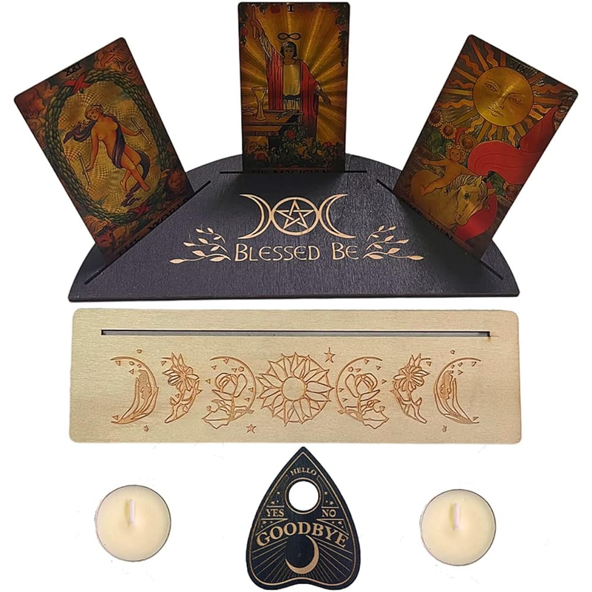OKDOKEY Wooden Tarot Card Holder Stand 5 Piece Kit | Tart Display Stand | Witchcraft Divination Tool | Tarot Reading Accessories | Tarot Decor | Wiccan Supplies | Unique Gift for Witch Friends—Style 1