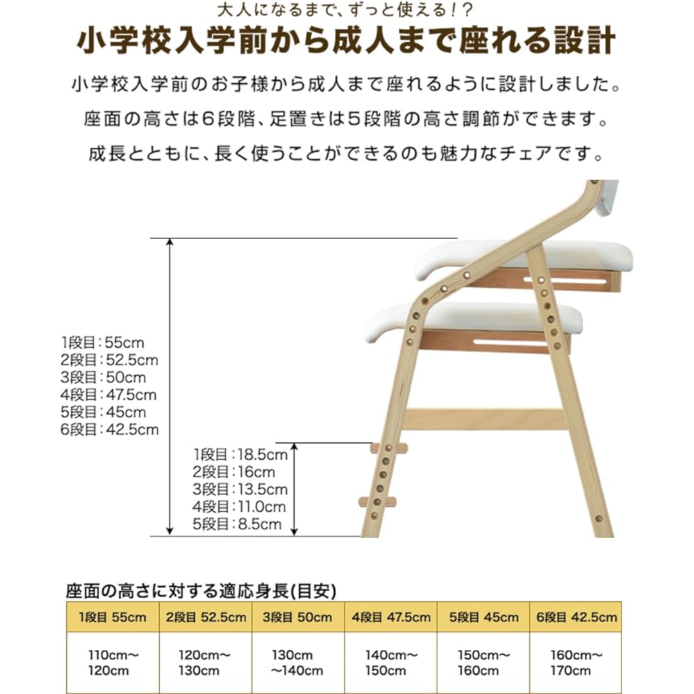 RIZKIZ Wooden Kids Chair [Natural x White] Learning Chair, Adjustable Height to Fit Growth, 6 Seat Levels, 4 Foot Rest Levels, Also Can Be Used as a Dining Chair