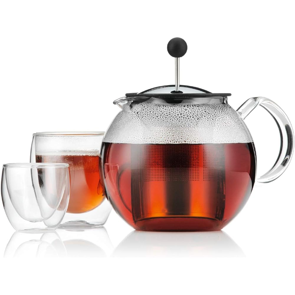 BODUM Teapot Tea Maker ASSAM Tea Press 1000ml Silver Black Tea Green Tea Chinese Tea Herbal Tea Fruit Tea Stainless Steel Filter Glass Beaker Over Extraction Prevention [Genuine Product] 1801-16