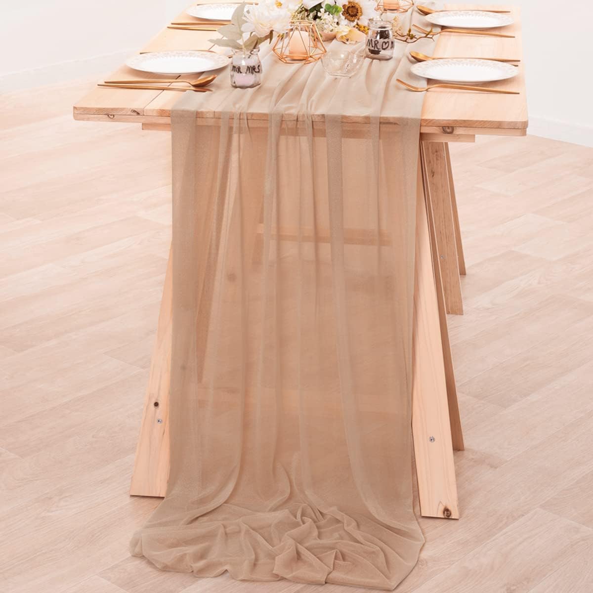 MLMC 10ft Nude Shimmer Chiffon-Like Table Runner, 29x121inch Sheer Gauze Table Runner for Wedding, Baby Shower, Event Decoration