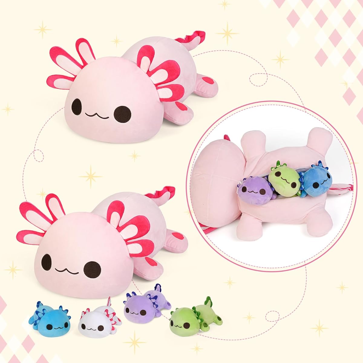 KMUYSL Axolotl Plush Toy for Kids Ages 3 4 5 6 7 8+ - Mama Axolotl with 4 Puppies in Baby Tummy, Cute Stuffed Animal, Great Christmas Birthday Gift for Baby/Toddler/Girl/Boy