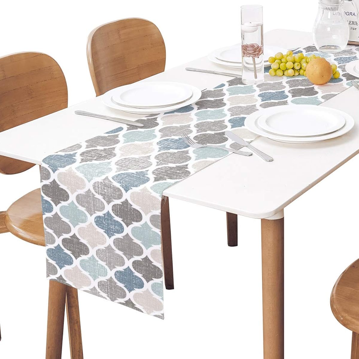 Moroccan Table Runner Cotton Linen 72" Long Geometric Quatrefoil Lattice Dresser Scarf Kitchen Coffee/Dining Farmhouse Table Runner for Home Living Room Holiday Dinner Scarf Decor Blue Grey