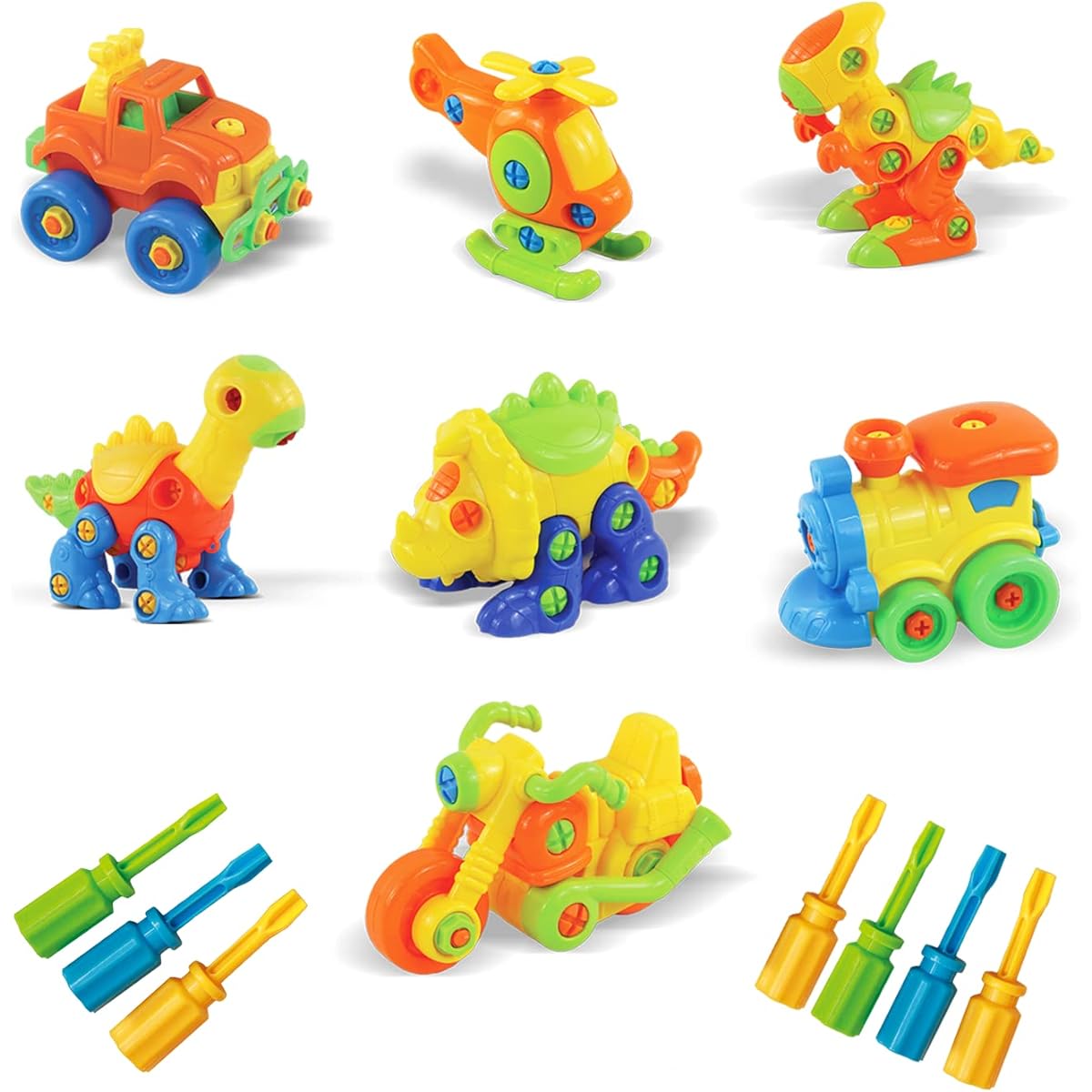 Kidwerkz Set of 7 Take Apart Toys - Dinosaurs, Helicopter, Train, Truck, Motorcycle - STEM Building Set-Hours of Fun-192 Pieces-Engineering Kit for Toddlers-Age 3, 4, 5 +Year Old