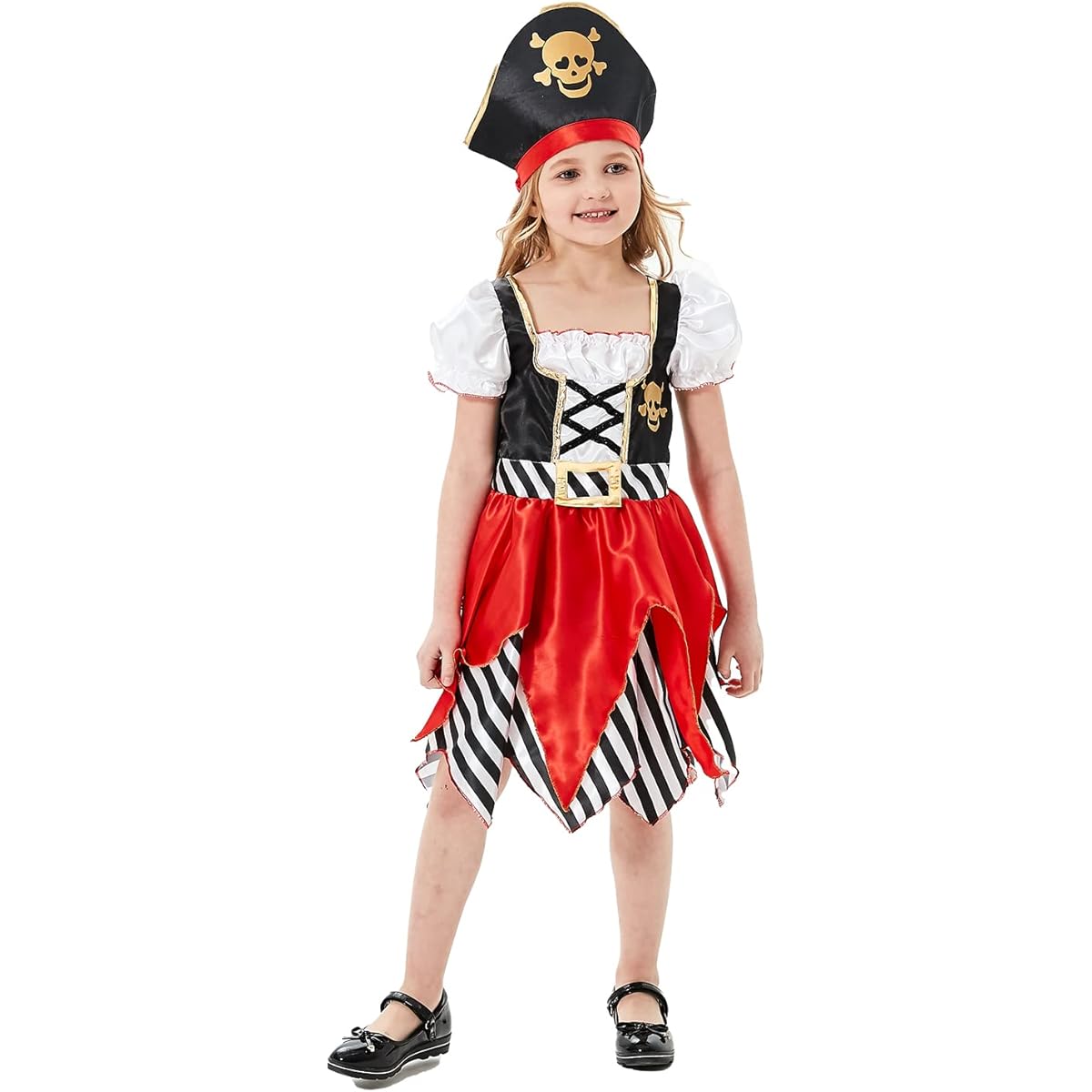 Lingway Toys Girls Pirate Butcher Princess Costume Deluxe Dress & Pirate Hat for Kids Sizes 5-6, 7-8, 9-10 Red/Black