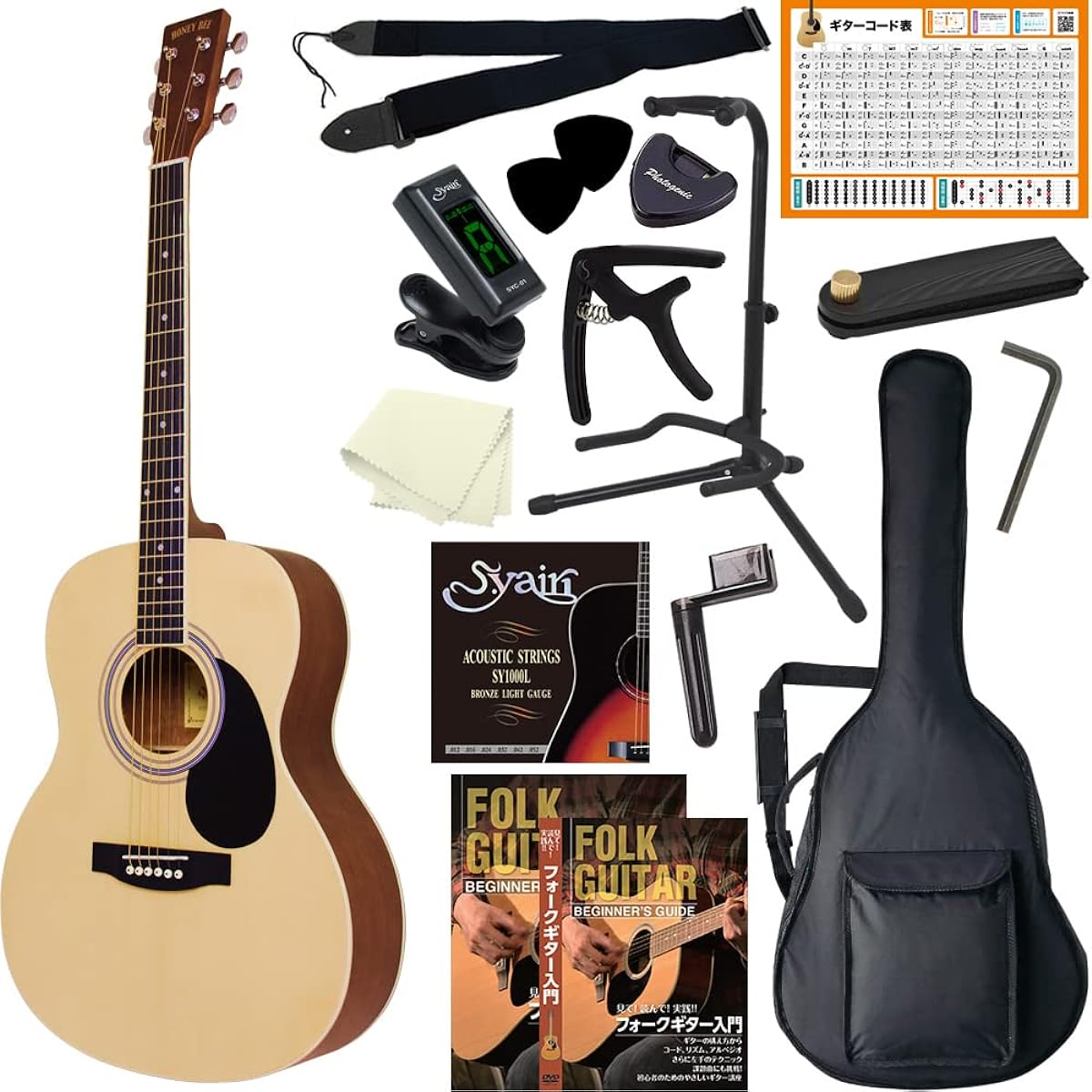 HONEY BEE Acoustic Guitar Folk Guitar Type F-15M/N Matte Finish Model Beginner 16-Piece Set