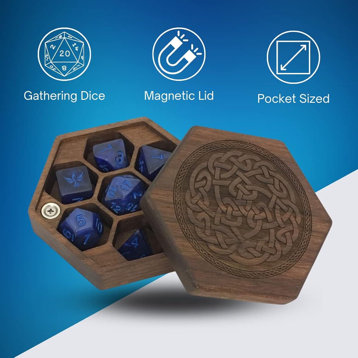 Elderwood Academy Pocket Size Hexagonal Dice Wooden Chest with Magnetic Lid Perfect for DND Magic The Gathering Dice Counter and Other Tabletop Games Walnut Celtic