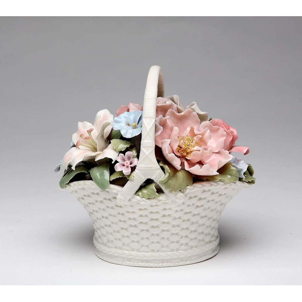 Cosmos Gifts Fine and Elegant Porcelain Bountiful Flower White Woven Basket Music Box Figurine (Music Tune: Memory) 5-1/4" Long