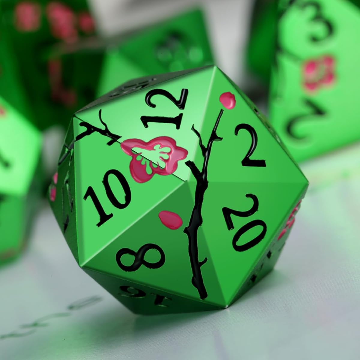 DNDND Matte Green Metal Dice Set 7 Pieces Heavy Metallic D&D Dice Set with Large Gift Case for Dungeons and Dragons Tabletop Game (Pink Flowers on Matte Green)