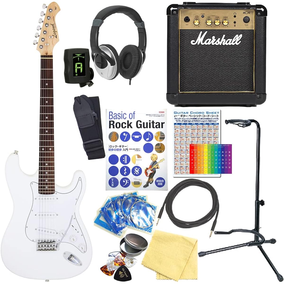 Electric Guitar for Beginners Stratocaster Type Legend LST-Z WH 15-piece Set with Marshall Amplifier