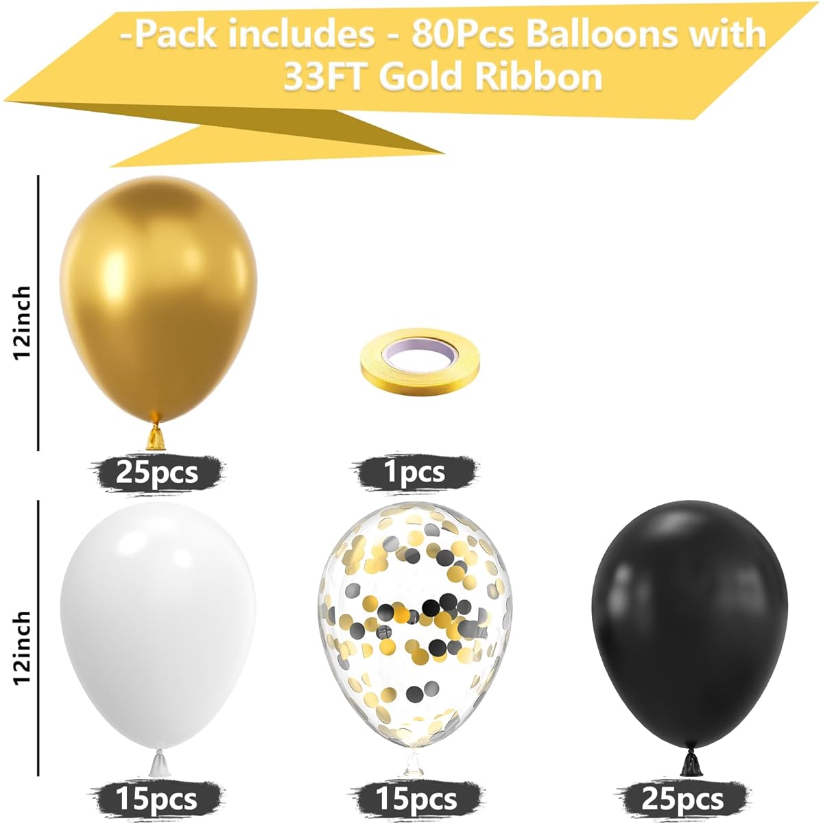 Kelfara Black Gold White Balloons 80pcs