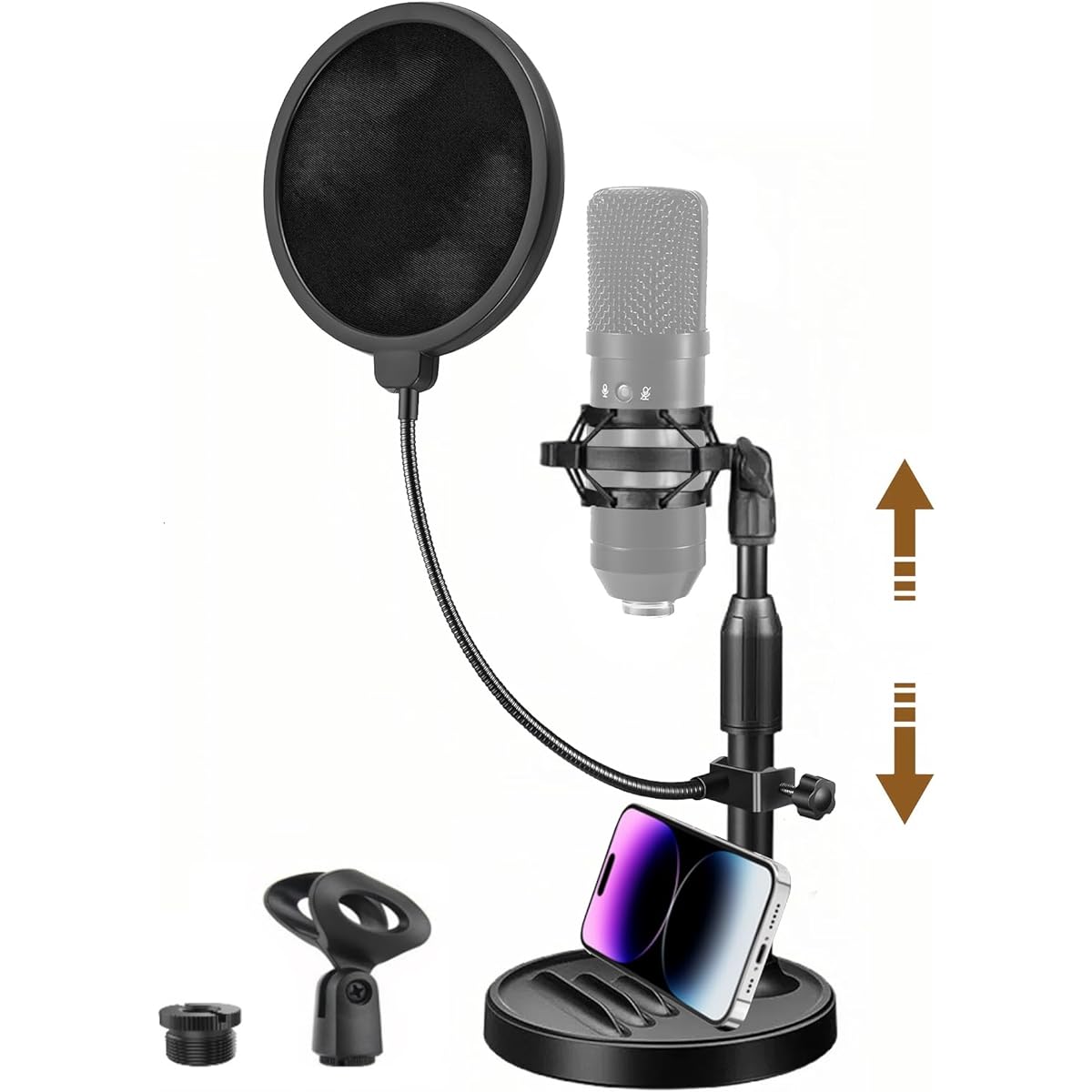 BGGCHEECA MC-S [11.4"] Upgraded 2-in-1 Desktop Microphone Stand Adjustable Mic Stand with Pop Filter Shock Mount Mic Clip 3/8" to 5/8" Metal Screw Adapter Phone Stand