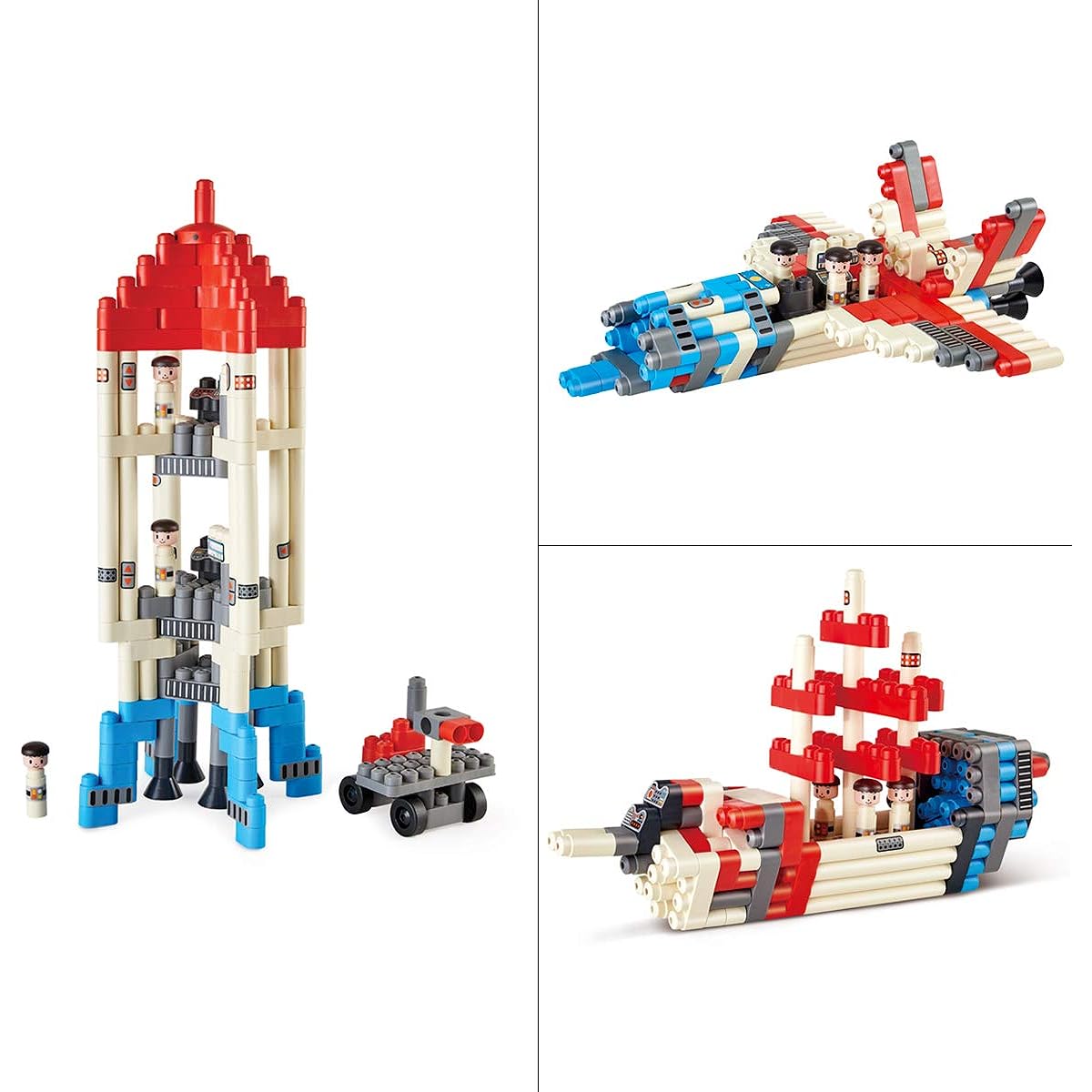 Hape PolyM Space Adventure Rocket Building Kit | 138 Piece Building Bricks Toy Playset for Kids - Includes Figures and Accessories