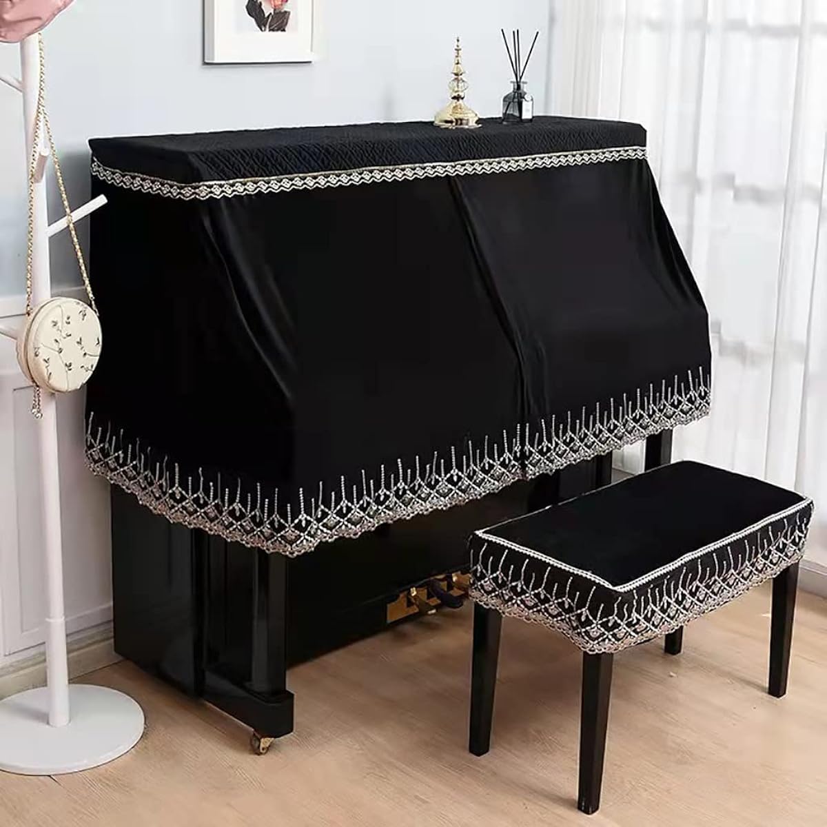 [LiSiJing] Piano Cover Upright Top Cover for Standard Upright Piano Electronic Piano Full Cover Stylish Simple Scandinavian Lace Elegant Piano Hanging Dustproof Cover Piano Bench Cover