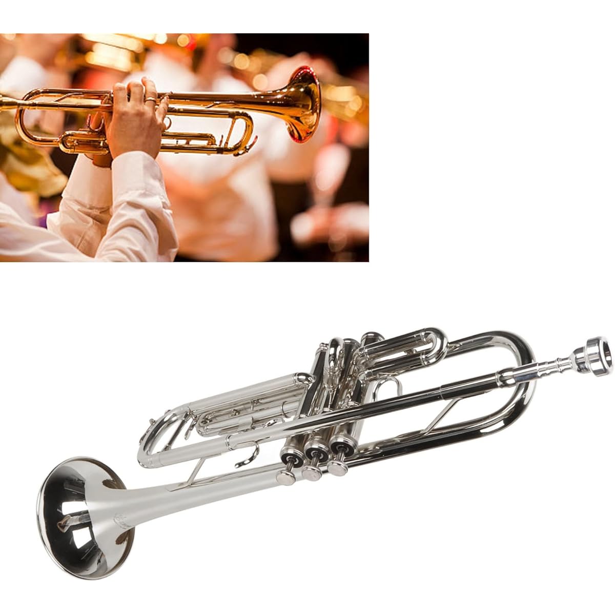 Trumpet Wind Instrument Bb Trumpet Set Integrated Design Strong Airtightness Ideal for Daily Playing (Silver)
