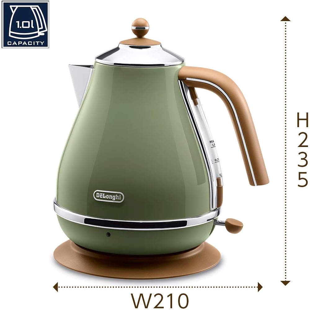 De'Longhi Electric Kettle Icona Vintage KBOV1200J-GR Stainless Steel 1.0L Easy-to-read water meter Foreign object prevention filter Empty boiling prevention function Easy care [Olive Green] 3-year warranty with De'Longhi Family registration