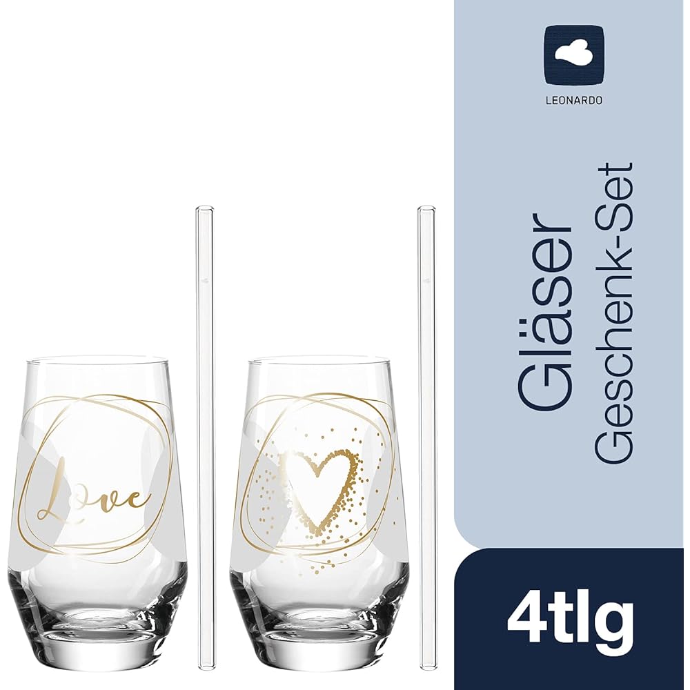 LEONARD Tumbler & Glass Straw Pair Special Gift Set 365ml "Love" 029184
