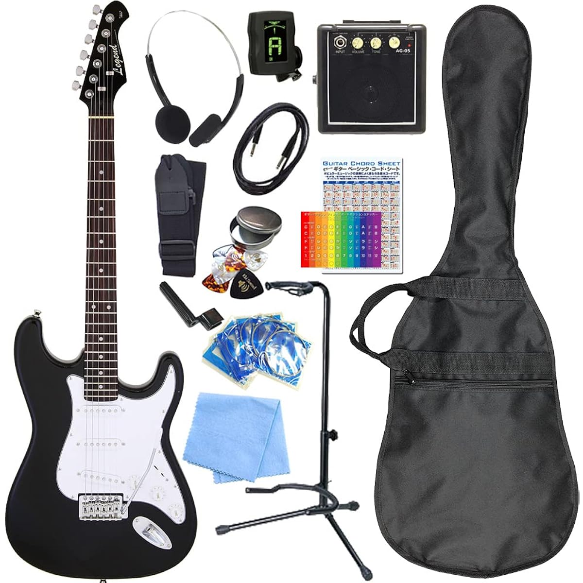 Electric guitar beginner set Stratocaster type mini amp 15-piece set Legend LST-Z BKBK [98765]