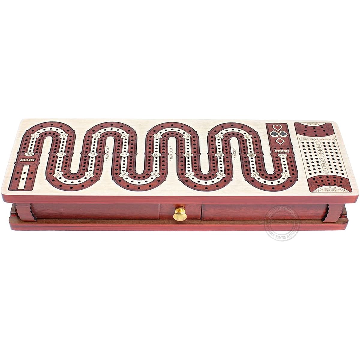House of Cribbage - Continuous Cribbage Board Inlaid with Zig Zag Shape, 3 Tracks - Slide Lid and Drawer Storage for Cards & Pegs - Maple Wood / Bloodwood