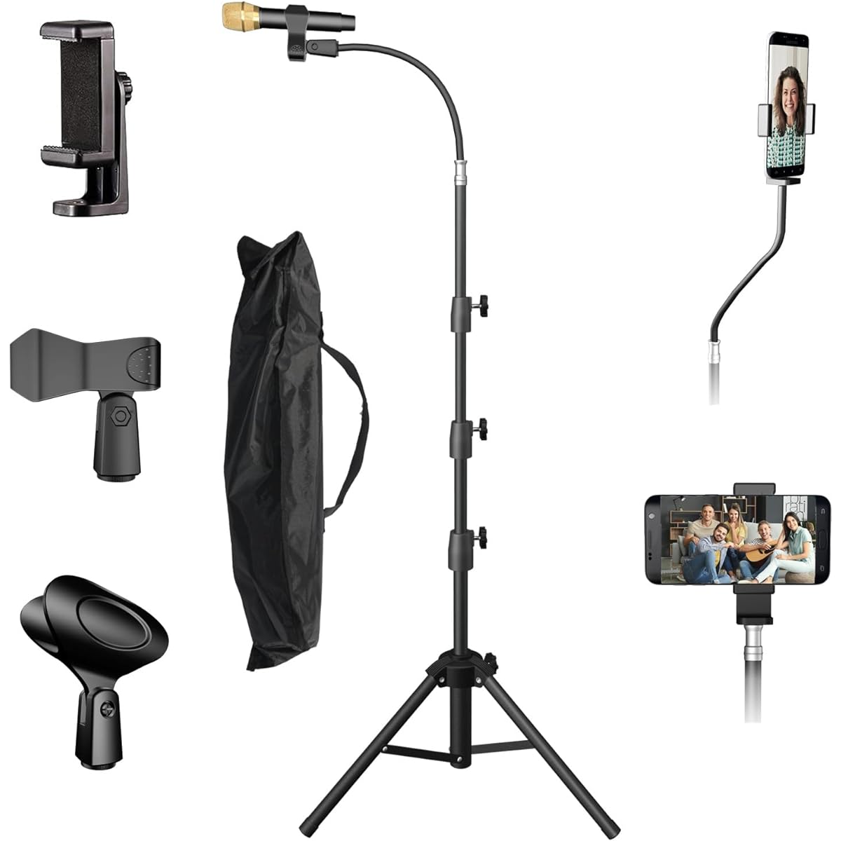 KEREAL Microphone Stand Compatible with Most Microphones Gooseneck Microphone Stand Height Adjustable with Mobile Phone Holder 2 Microphone Clips for Studio/Stage/Karaoke/DJ/Kids