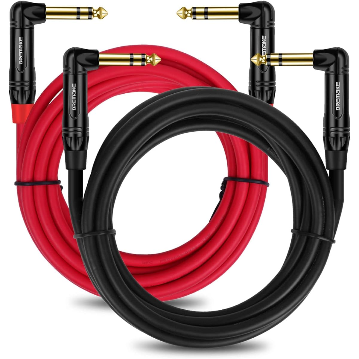 DREMAKE Right Angle TRS 6.35mm Stereo Audio Cable 6ft 2 Pack 6.35mm Balanced Guitar Amplifier Cord TRS 1/4" Male to Male Interconnect Cord for Mixer Speaker Equalizer Quarter Inch L-Shape Plug