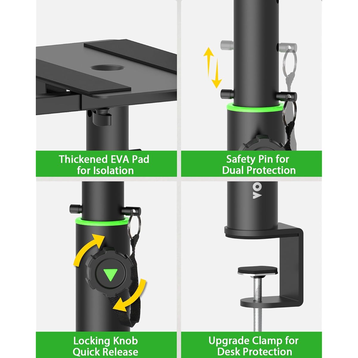 Vondynote Dual Side Clamp Studio Monitor Stand Set of 2 Short Desktop Clamp Speaker Stand Adjustable Height Extendable Top Plate Mounts with Screws