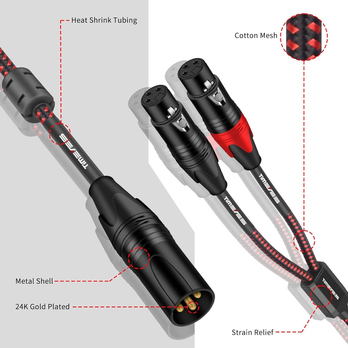 TIMEYES XLR Y Splitter Audio Cable - 1 XLR Male to 2 XLR Female Balanced Mic Patch Cable - 3ft Dual XLR Female to XLR Male Bidirectional Adapter Mic Cord - XLR to 2 XLR M-F Y Cable - 1m