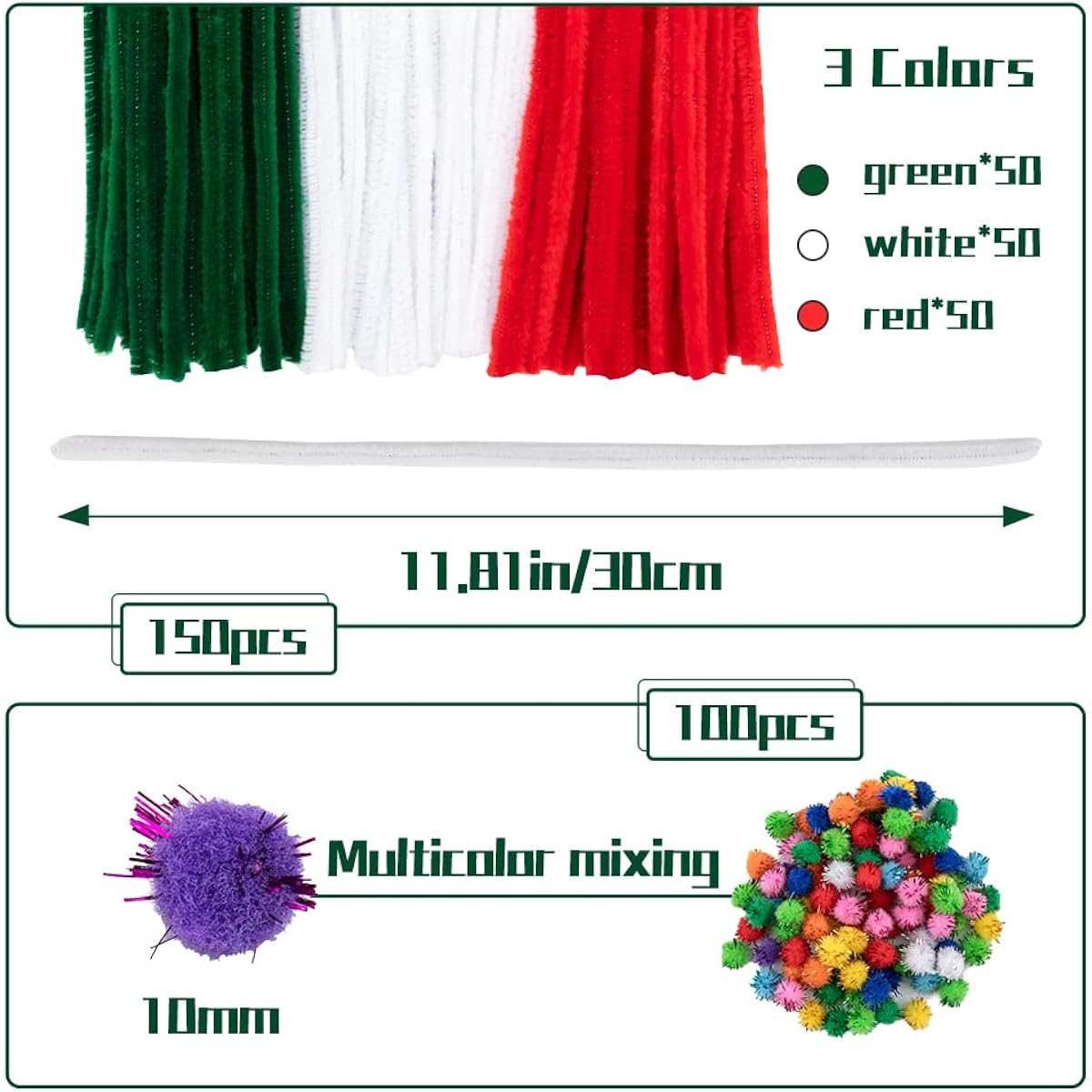 100 Pieces Pipe Cleaners Chenille Stems St. Patrick's Day Pipe Cleaners Chenille Stems Craft Chenille Stems Pom Pom Balls DIY Art Craft Decoration Supplies (Red&Green&White)