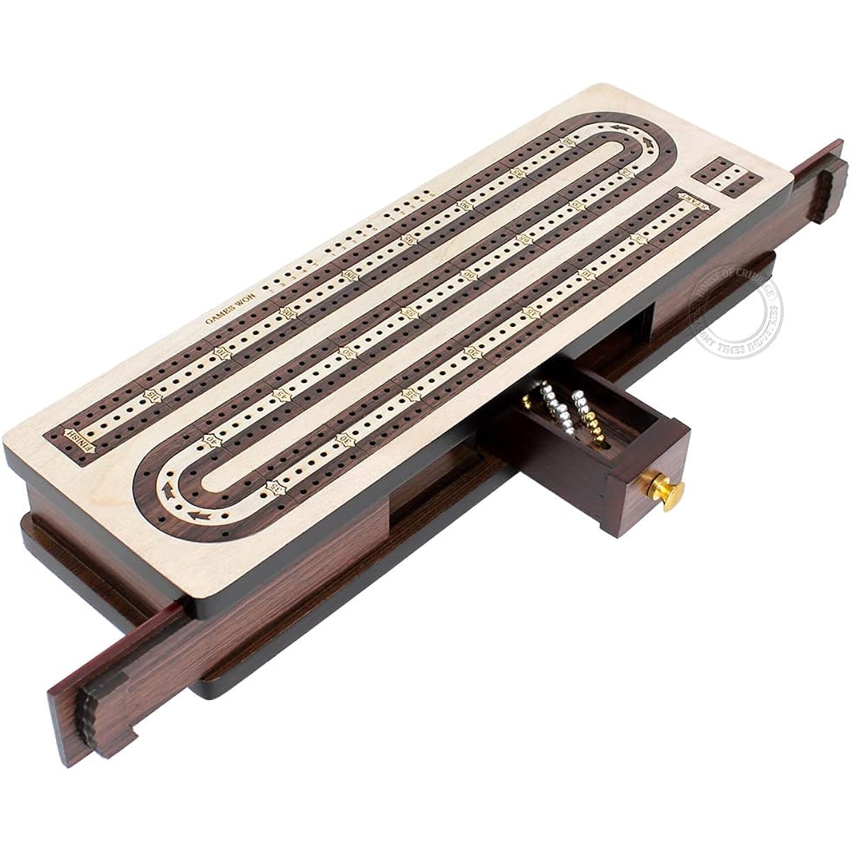 House of Cribbage - Continuous Cribbage Board / Box Maple Wood / Rosewood / Maple - 3 Tracks - Slide Lid & Drawer Storage for Cards & Pegs