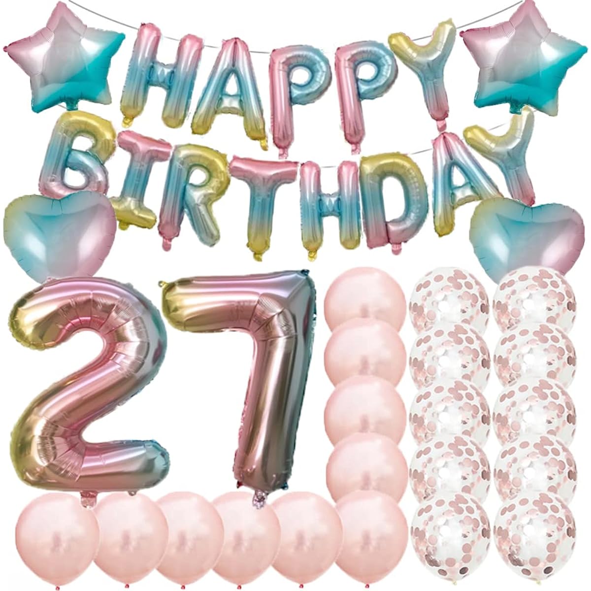Sweet 27th Birthday Decorations Party Supplies,Rainbow Number 27 Balloons,27th Foil Mylar Balloons,Rose Gold Latex Balloons Decor,Perfect 27th Birthday Gifts for Girls/Women/Men/Photo Props