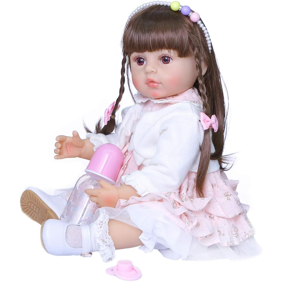55CM Original Full Body Silicone Bebe Doll Reborn Newborn Doll Long Hair Toddler Girl Bath Toy,Brown Hair