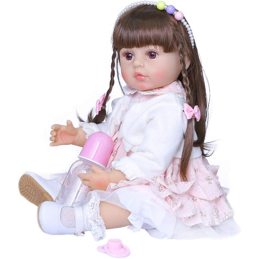 55CM Original Full Body Silicone Bebe Doll Reborn Newborn Doll Long Hair Toddler Girl Bath Toy,Brown Hair