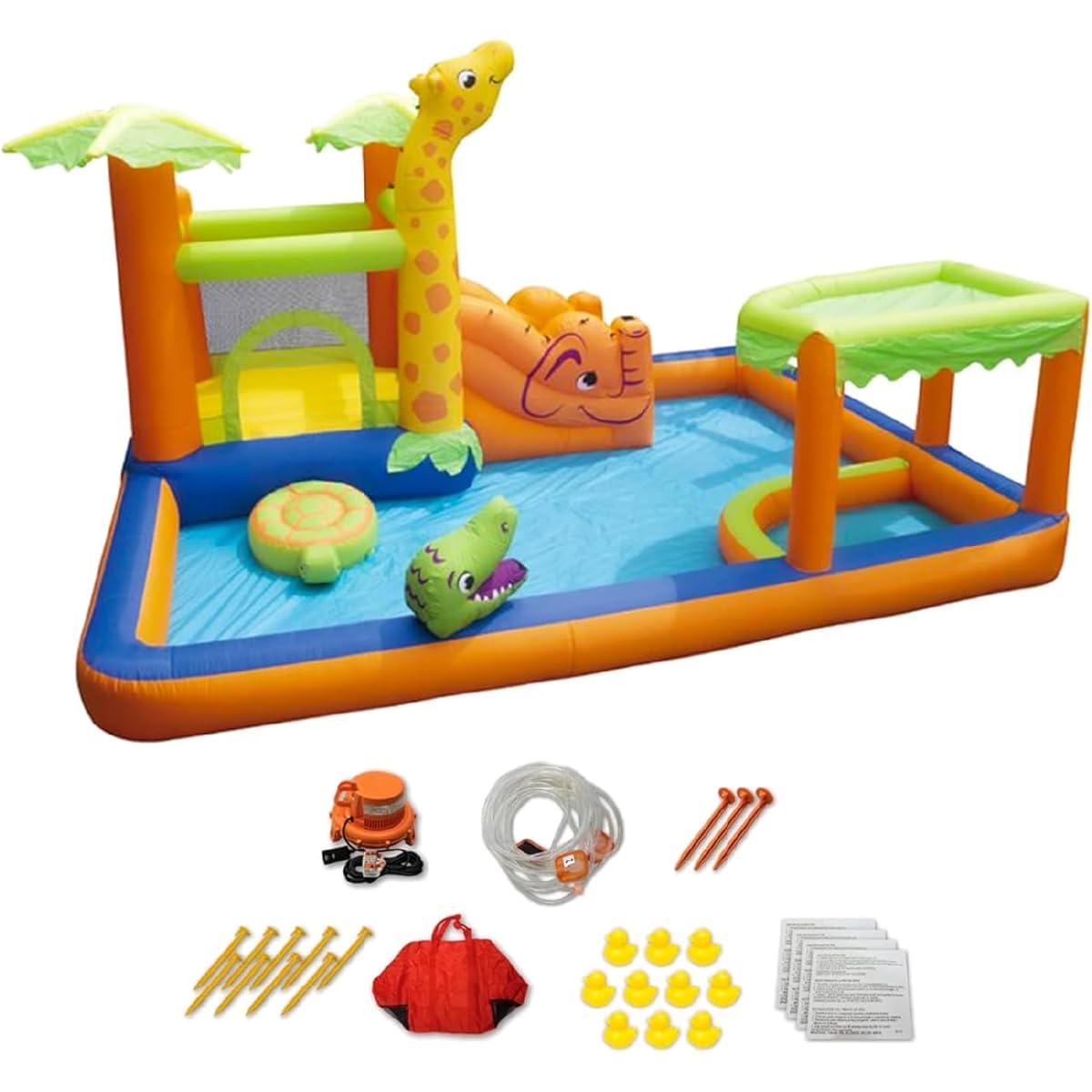 BANZAI Safari Splash Water Park Kids Inflatable Water Slide Splash Pad Duck Pond Bounce House Water Cannon Giraffe Sprinkler with Blower Motor