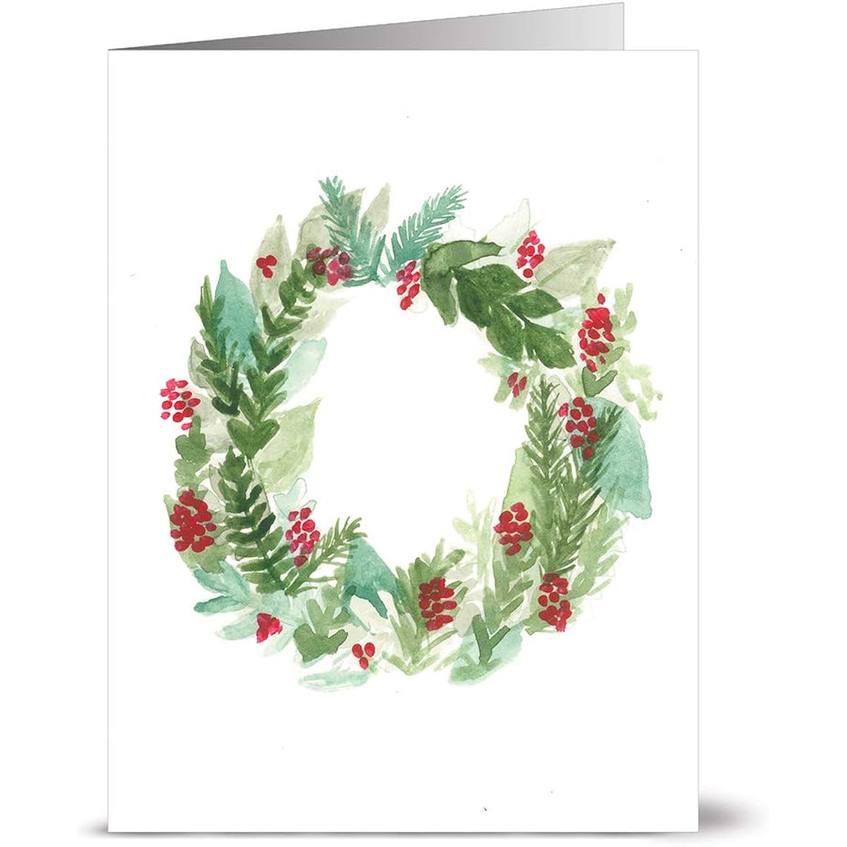Note Card Cafe Christmas Card Set with Off-White Ivory Envelopes | Pack of 24 | Blank Inside Glossy Finish | Watercolor Wreath | Holiday Winter Gift Present Secret Santa