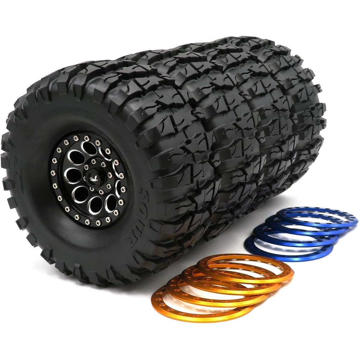 hobbysoul RC 2.2 Crawler Mud Tires AR Sour Tires Height(OD):135mm & Aluminum 2.2 Beadlock Wheel Rims with 3 Color Rings(Black/Blue/Gold Color Rings) 4pcs