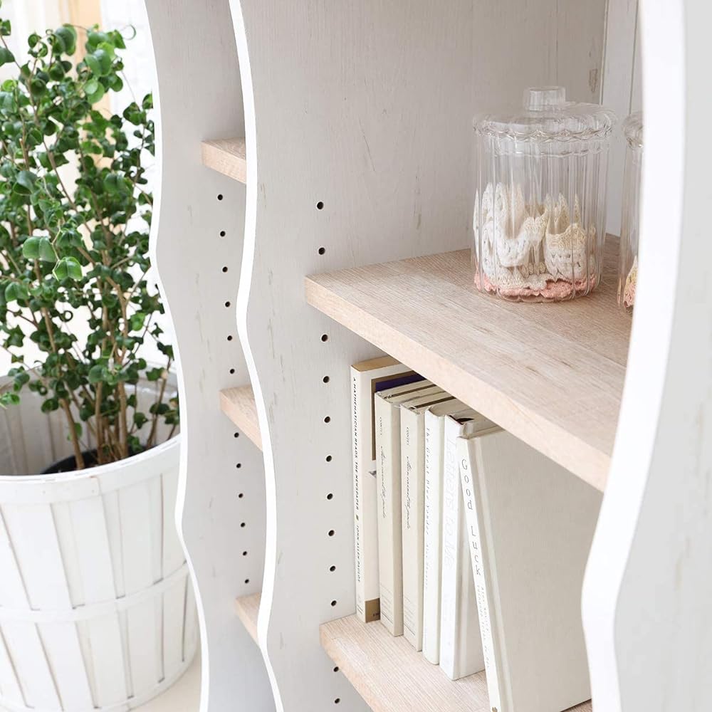 Shirai Sangyo Stylish wavy silhouette Cute whitish sheet that looks like weathered wood Rack Bookshelf Natural Brown Width 56.6 Height 88.4 Depth 30.8 cm FSC-9055NW French Shabby Cafe