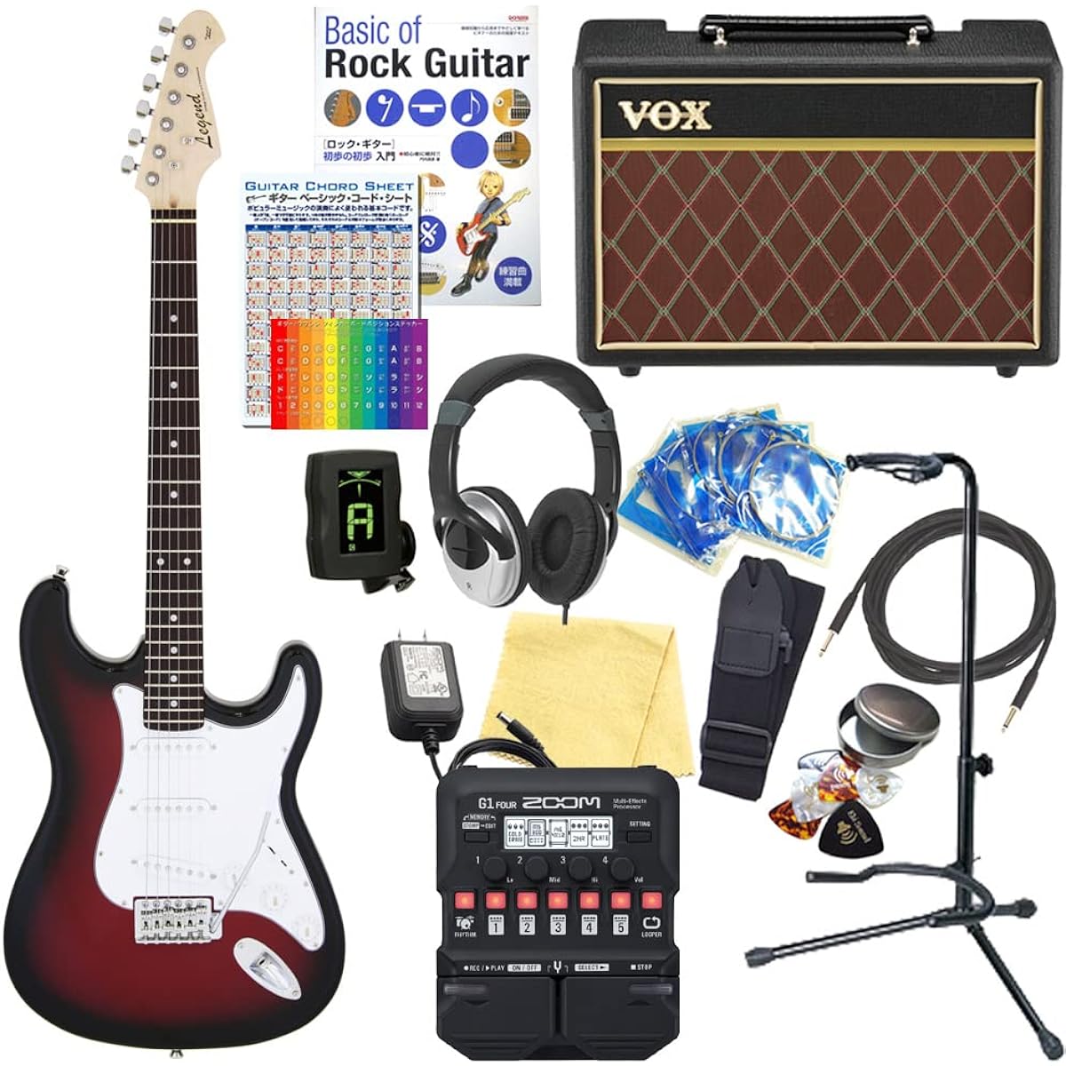 Electric guitar beginner set Stratocaster type 18-piece set with VOX amp Legend LST-Z RBS [ZOOM G1Four multi-effector included]