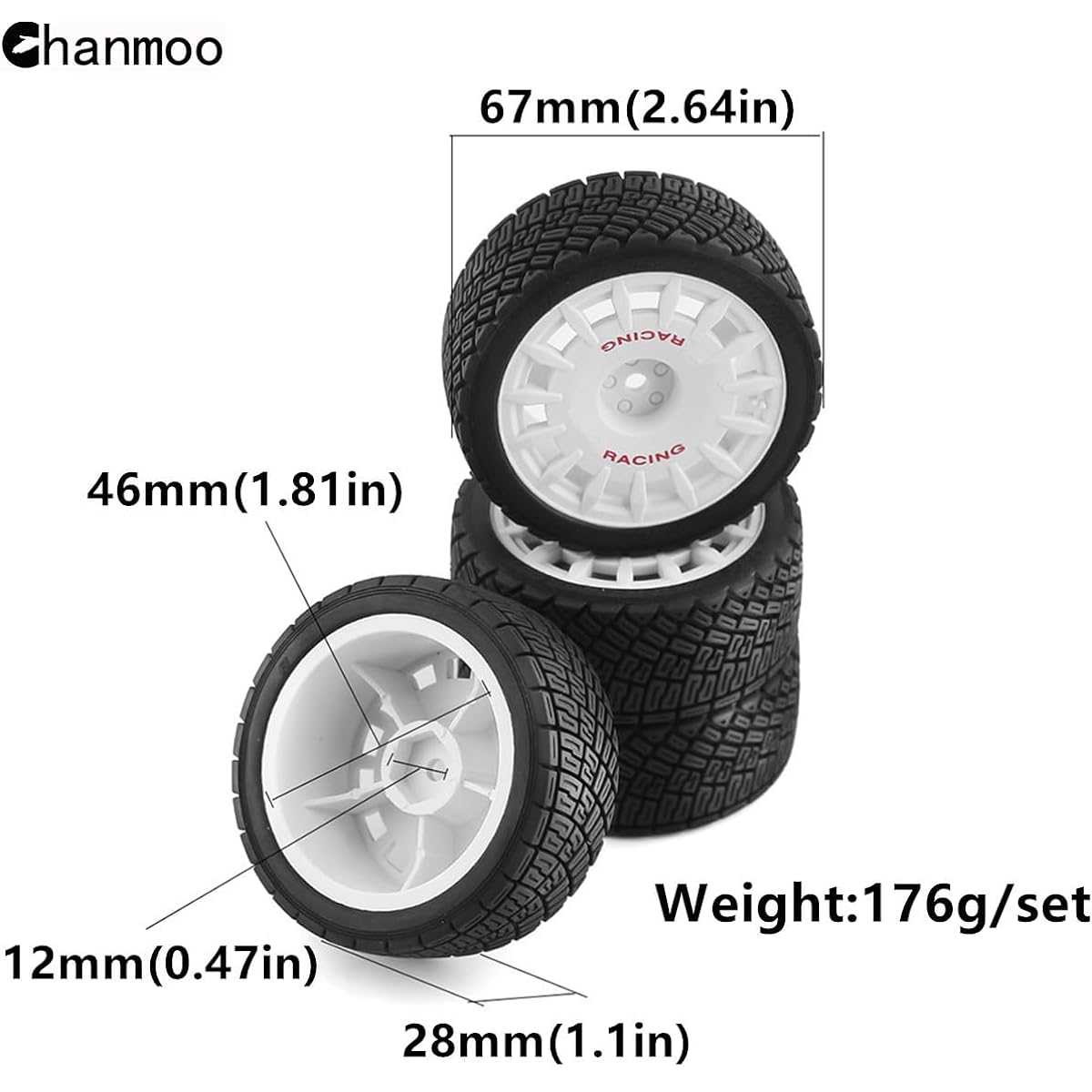 Chanmoo 1/10 RC Racing Car Tire Rally On-Road Tire 12mm Hex Plastic Wheel Rim 1/10 On-Road Car Tamiya TT01 TT02 XV01 TA06 PTG2 HPI KYOSHO WR8 HSP (White)
