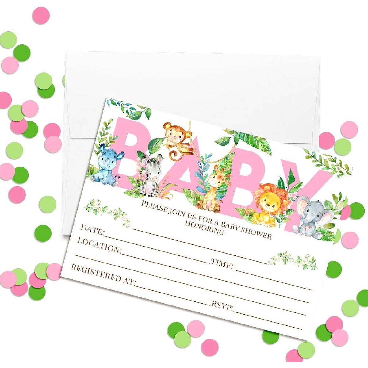 AmandaCreation Watercolor Jungle Animal Baby Girl Baby Shower Invitation 5"x7" Card Includes 20 White Envelopes